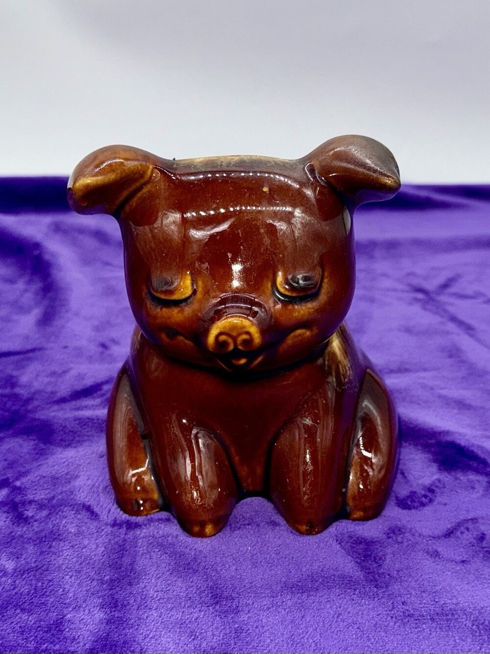 Vintage Hull Pottery USA Piggy Bank 196 Glazed Brown & Turquoise Drip w/Cork 6"H